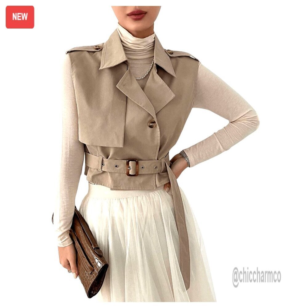 Sleeveless Cropped Trench Coat with Belted Lapel Collar Vest